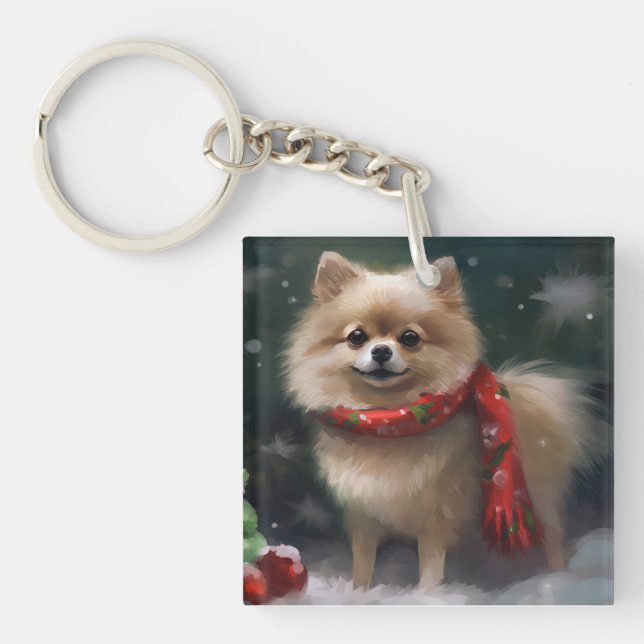 Pomeranian Dog in Snow Christmas Keychain (Front)
