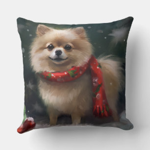 Pomeranian Dog in Snow Christmas Throw Pillow