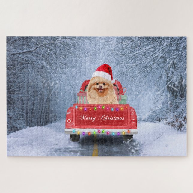 Pomeranian Dog in Snow sitting in Christmas Truck  Jigsaw Puzzle (Horizontal)