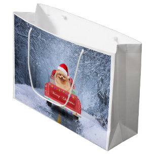 Pomeranian Dog in Snow sitting in Christmas Truck Large Gift Bag
