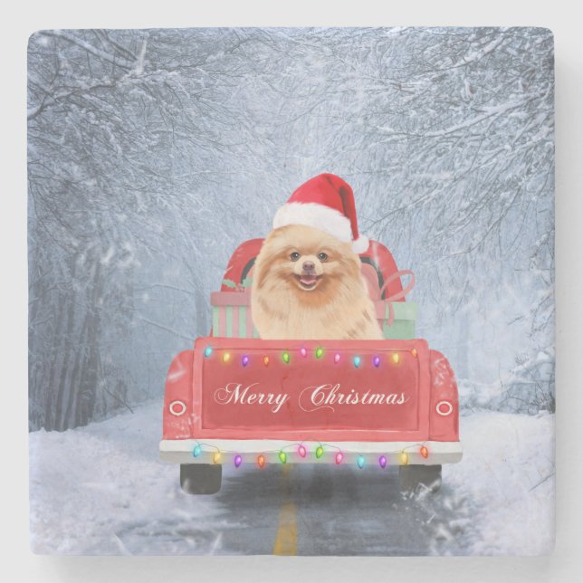 Pomeranian Dog in Snow sitting in Christmas Truck  Stone Coaster (Front)