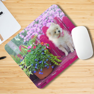 Pomeranian Dog Lilac Florals Rustic Garden Bench Mouse Pad