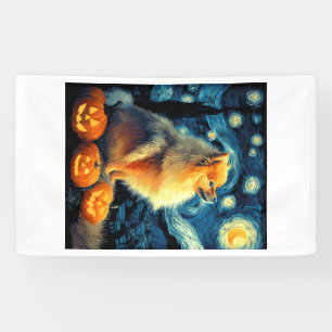 Pomeranian Dog Lovers Painting of van gogh starry Banner