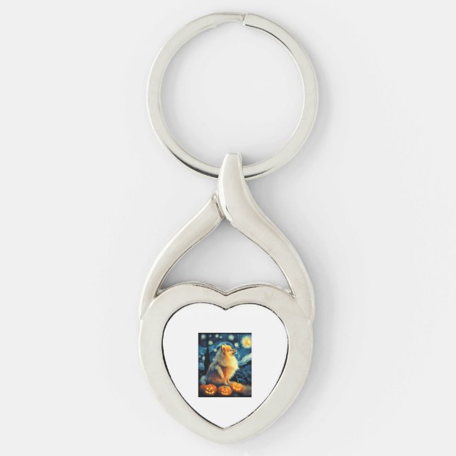 Pomeranian Dog Lovers Painting of van gogh starry  Keychain (Front)