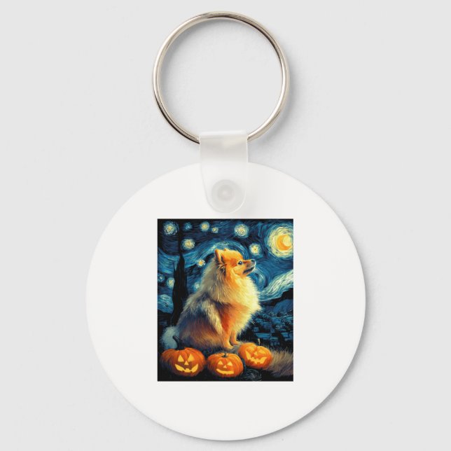 Pomeranian Dog Lovers Painting of van gogh starry  Keychain (Front)
