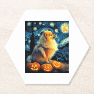 Pomeranian Dog Lovers Painting of van gogh starry Paper Coaster