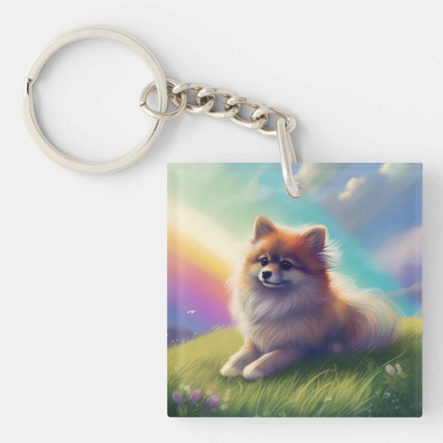 Pomeranian Dog Memorial Rainbow Bridge Remembrance Keychain (Front)