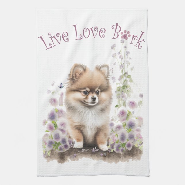 Pomeranian Dog Mom Floral Kitchen Towel (Vertical)