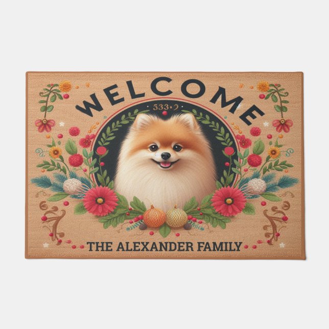 Pomeranian Dog Paradise, Personalized Name Welcome Doormat (Front)