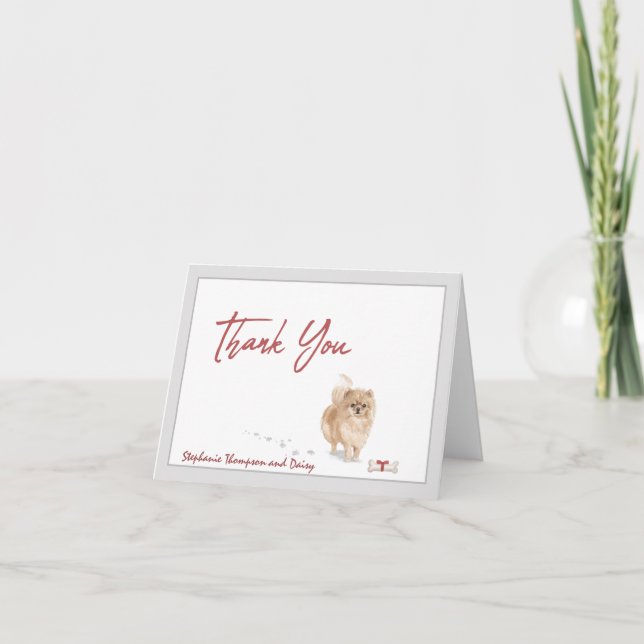 Pomeranian Dog Personalized with Bone Ribbon      Thank You Card (Front)