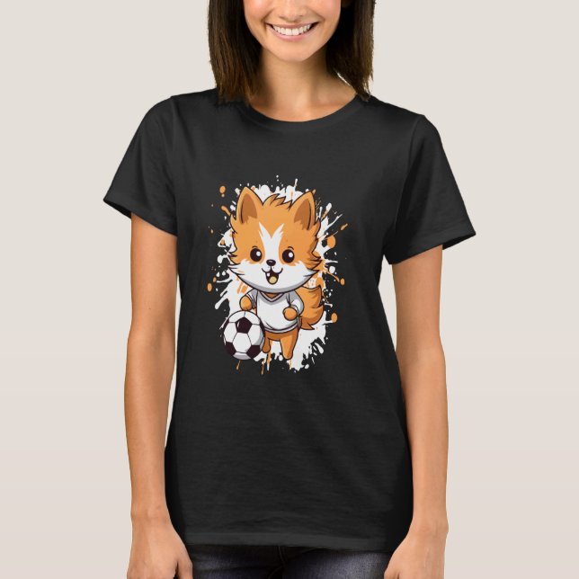 Pomeranian Dog Playing Soccer Cute Comic T-Shirt (Front)