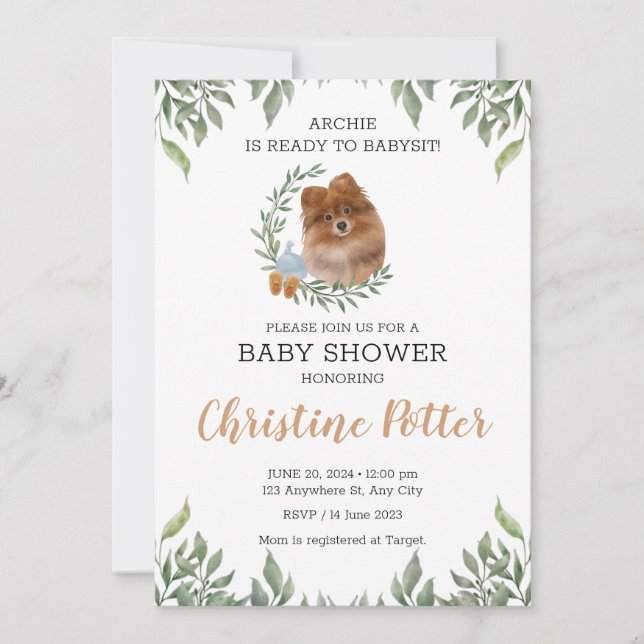 Pomeranian Dog Puppy Greenery Boho Baby Shower Invitation (Front)