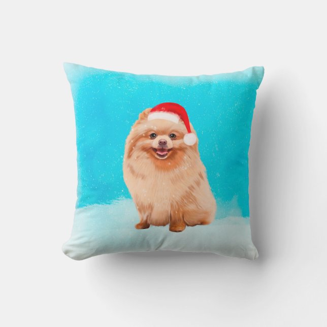 Pomeranian Dog Sitting On Beach Christmas Hat Throw Pillow (Front)