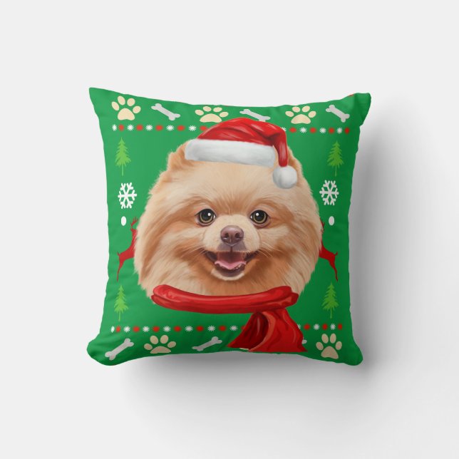 Pomeranian Dog Ugly Christmas Throw Pillow (Front)