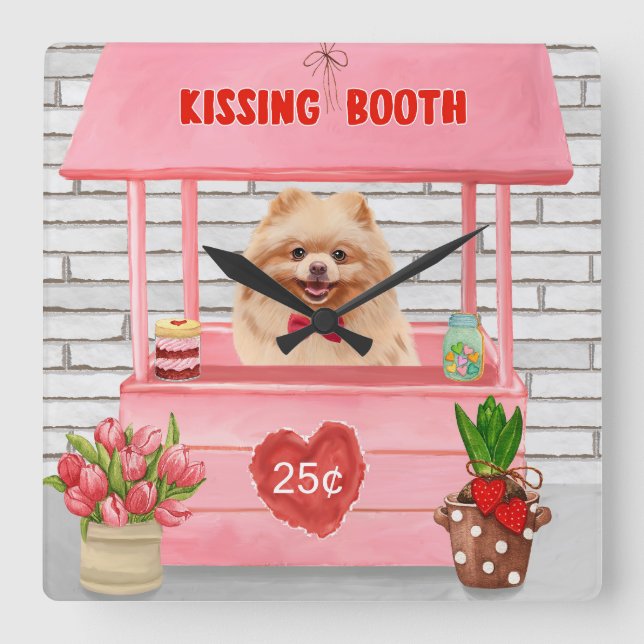 Pomeranian Dog Valentine's Day Kissing Booth Square Wall Clock (Front)