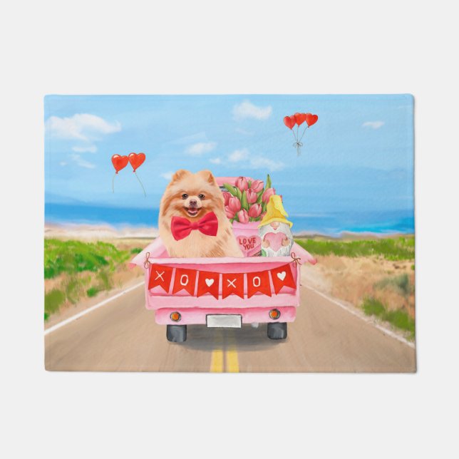 Pomeranian Dog Valentine's Day Truck Hearts Doormat (Front)