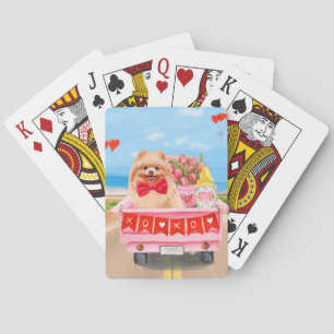 Pomeranian Dog Valentine's Day Truck Hearts Playing Cards
