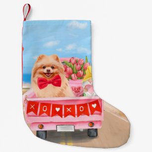 Pomeranian Dog Valentine's Day Truck Hearts Small Christmas Stocking