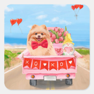 Pomeranian Dog Valentine's Day Truck Hearts Square Sticker