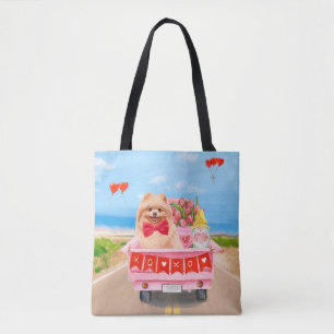 Pomeranian Dog Valentine's Day Truck Hearts Tote Bag