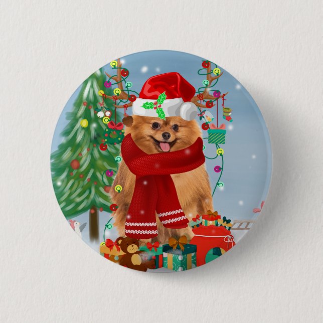 Pomeranian dog with Christmas gifts  2 Inch Round Button (Front)