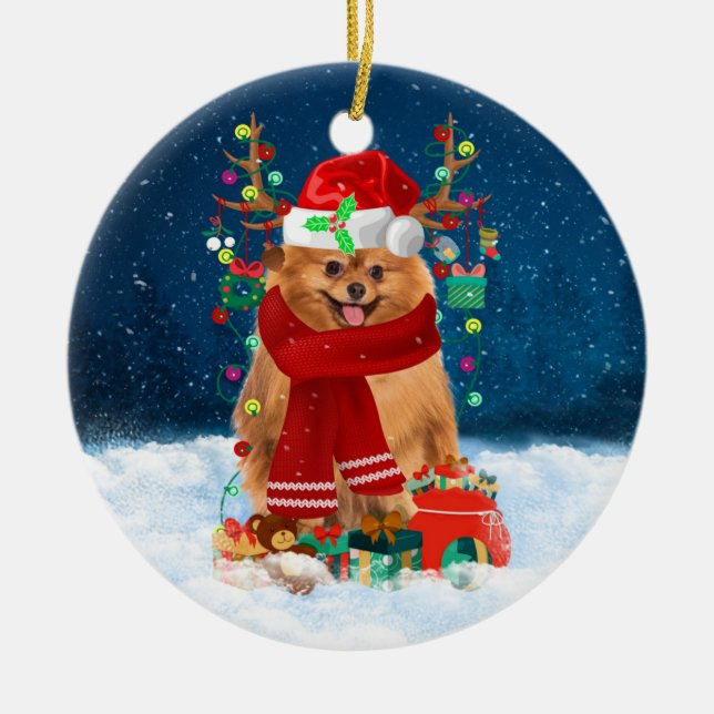Pomeranian dog with Christmas gifts  Ceramic Ornament (Front)
