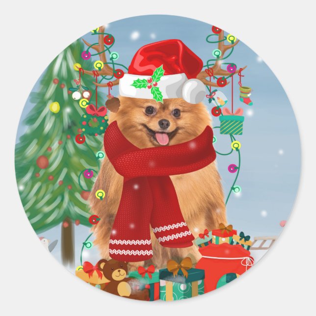 Pomeranian dog with Christmas gifts   Classic Round Sticker (Front)