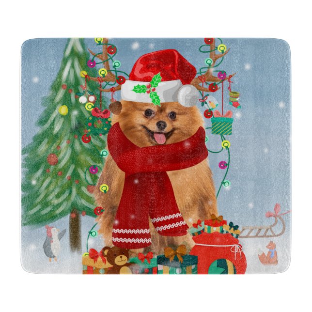 Pomeranian dog with Christmas gifts   Cutting Board (Front)