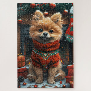Pomeranian Dog With Christmas Gifts Fireplace Jigsaw Puzzle
