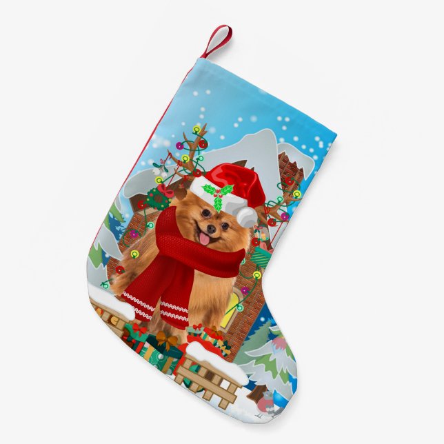 Pomeranian dog with Christmas gifts Small Christmas Stocking (Front (Hanging))