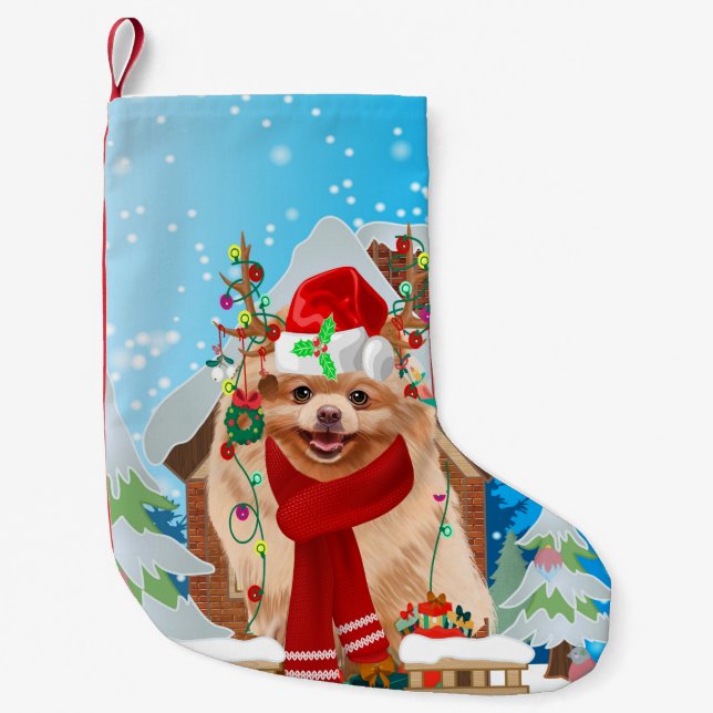 Pomeranian dog with Christmas gifts Small Christmas Stocking (Front)