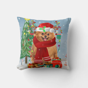 Pomeranian dog with Christmas gifts Throw Pillow