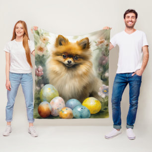 Pomeranian Dog with Easter Eggs Holiday Fleece Blanket