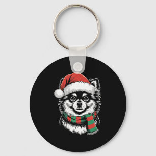 Pomeranian Dog Xmas Santa Hat Scarf Christmas Cost Keychain