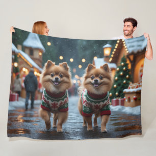 Pomeranian Dogs Christmas Snow Holiday Fleece Blanket