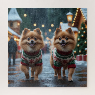 Pomeranian Dogs Christmas Snow Holiday  Jigsaw Puzzle