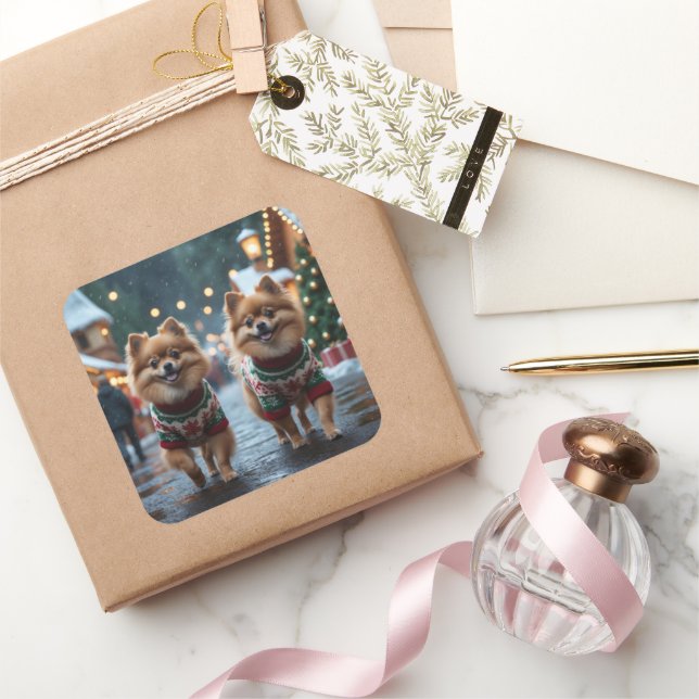 Pomeranian Dogs Christmas Snow Holiday  Square Sticker (Gifting)
