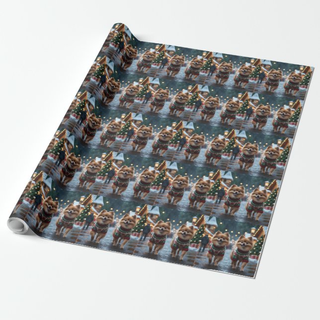 Pomeranian Dogs Christmas Snow Holiday  Wrapping Paper (Unrolled)