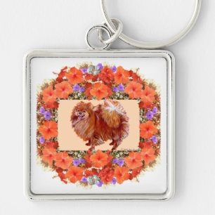 Pomeranian Floral Keychain