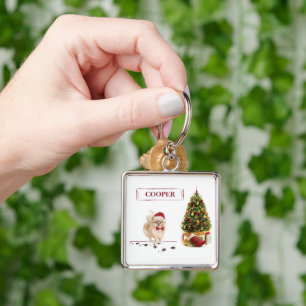 Pomeranian Funny Christmas Dog with Tree Keychain
