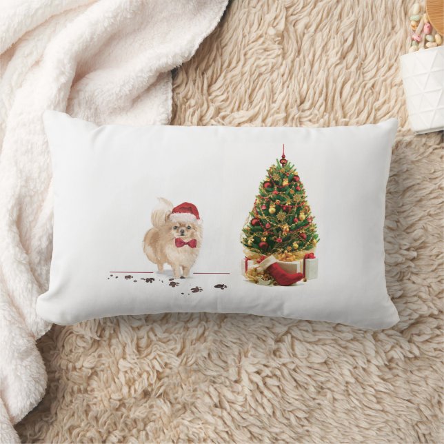 Pomeranian Funny Christmas Dog with Tree Lumbar Pillow (Blanket)