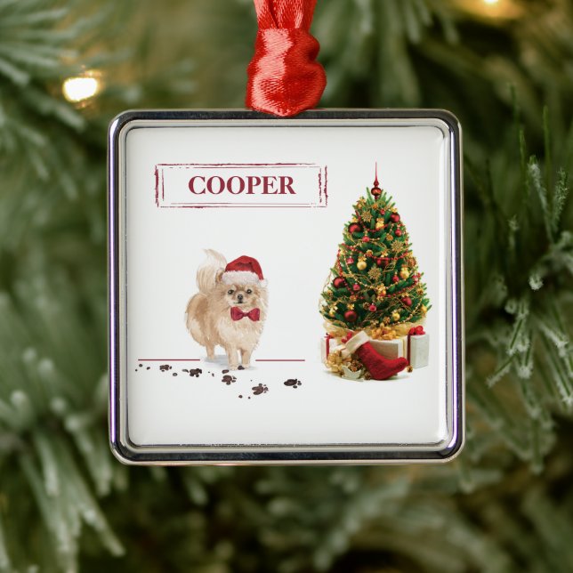Pomeranian Funny Christmas Dog with Tree Metal Ornament (Tree)