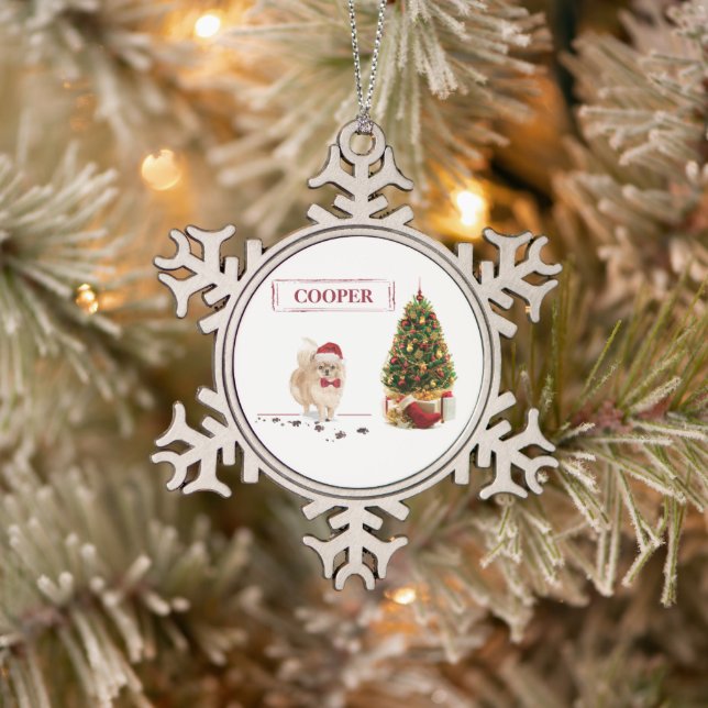 Pomeranian Funny Christmas Dog with Tree Snowflake Pewter Christmas Ornament (Tree)
