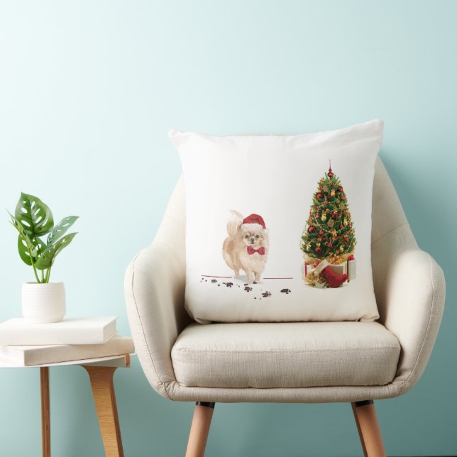 Pomeranian Funny Christmas Dog with Tree Throw Pillow (Chair)