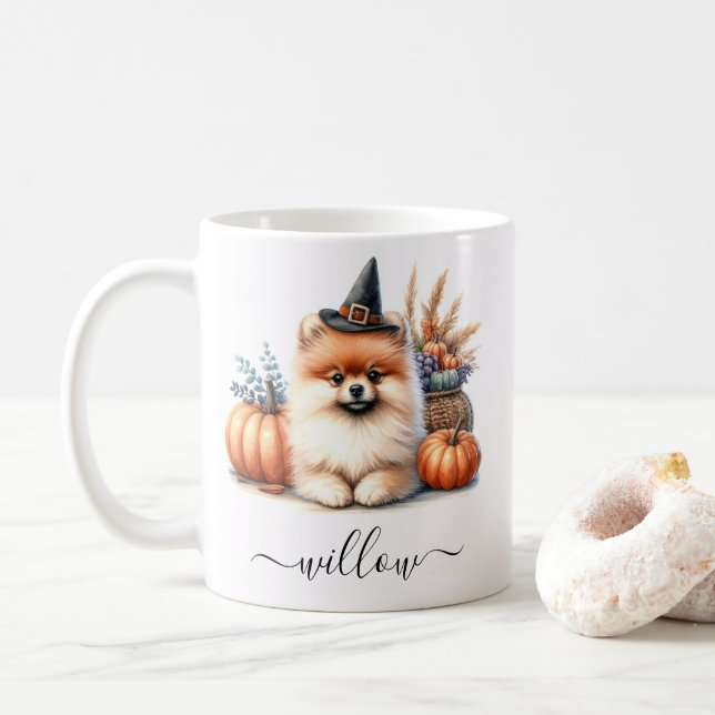 Pomeranian Halloween Mug with Personalized Name (With Donut)