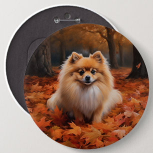 Pomeranian in Autumn Leaves Fall Inspire 6 Inch Round Button