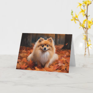 Pomeranian in Autumn Leaves Fall Inspire Card