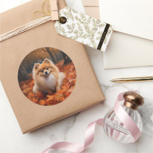 Pomeranian in Autumn Leaves Fall Inspire Classic Round Sticker