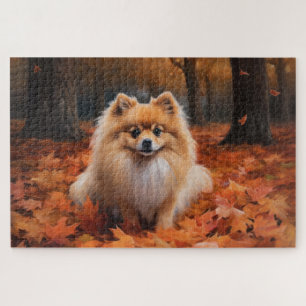 Pomeranian in Autumn Leaves Fall Inspire  Jigsaw Puzzle