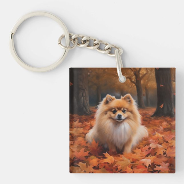 Pomeranian in Autumn Leaves Fall Inspire  Keychain (Front)